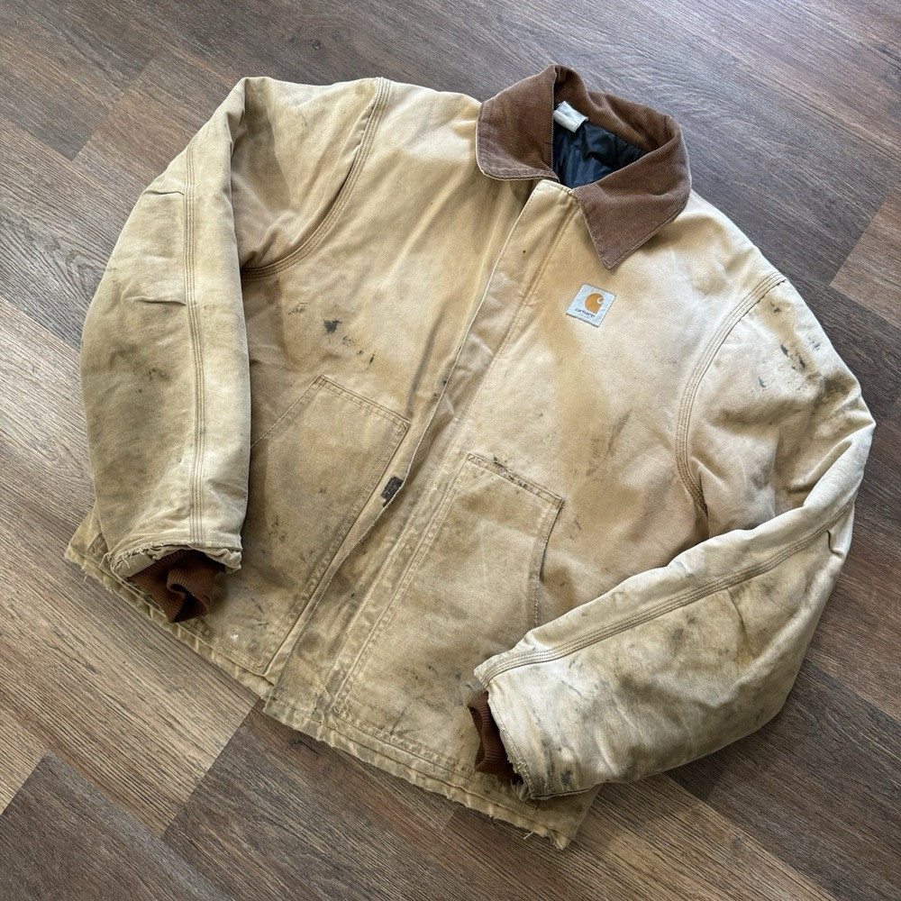 VTG Carhartt Quilt Lined Canvas Chore Barn Coat Corduroy Collar Tan Distressed